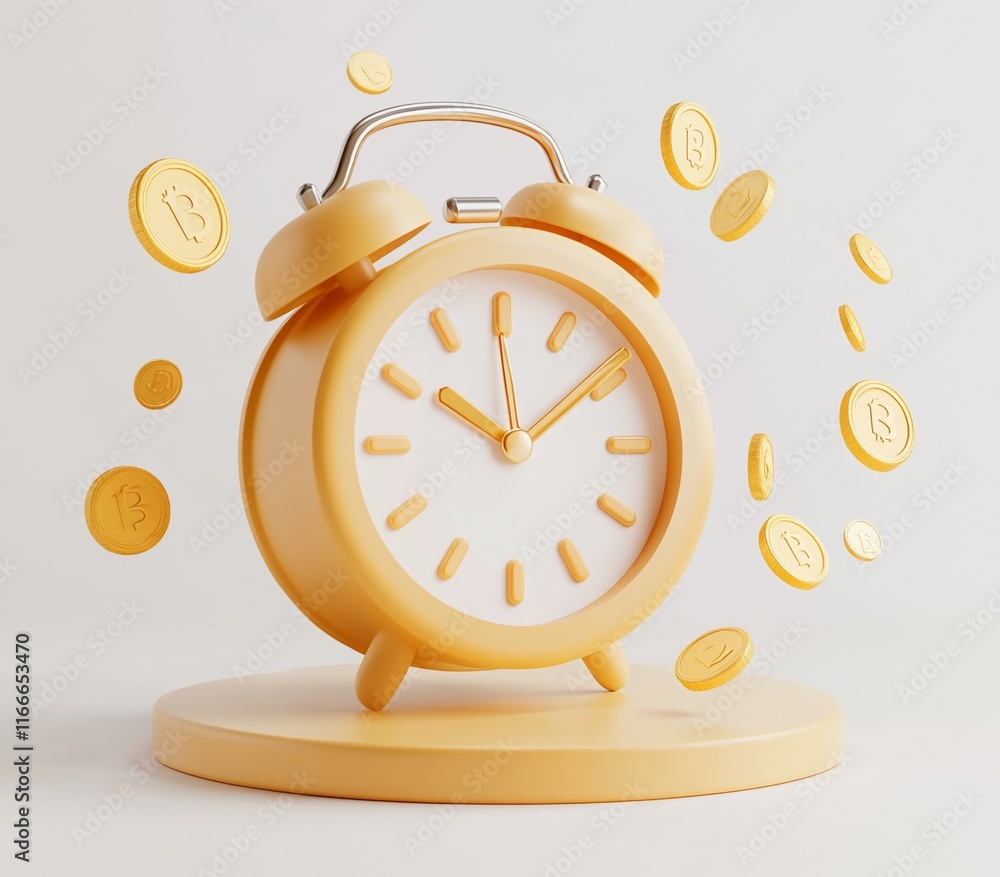 Poster yellow alarm clock with bitcoin cryptocurrency coins orbiting it, on a minimalist background.