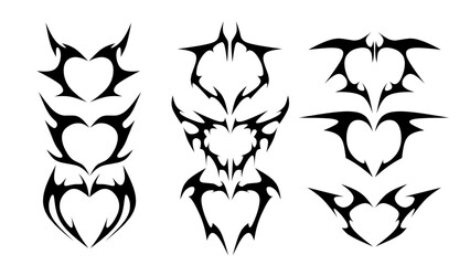 set of symmetrical black tribal vector designs with heart shapes, sharp edges, and gothic elements. Perfect for tattoos, logos, or decorative purposes, offering a bold and edgy aesthetic