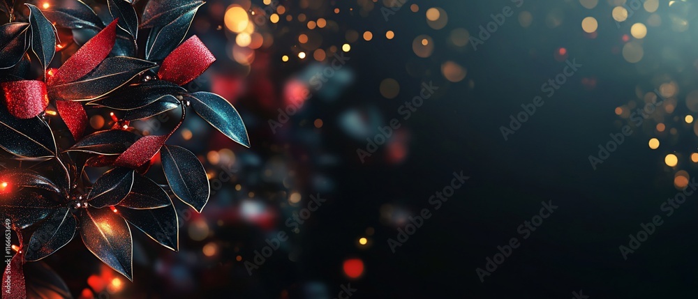 Aufkleber dark green leaves with red ribbons and bokeh lights.