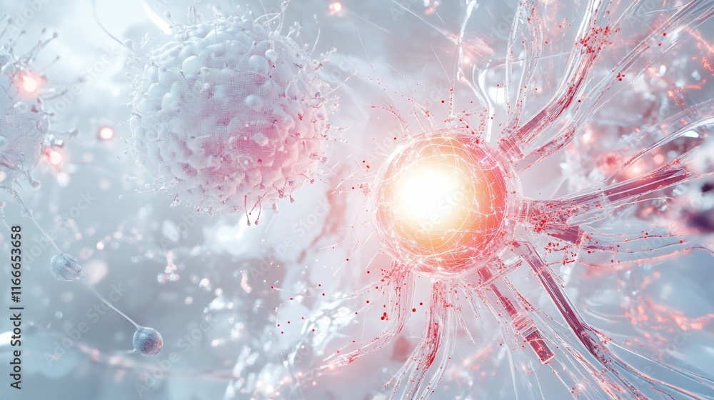 Poster microscopic view of a cell being attacked by viruses.