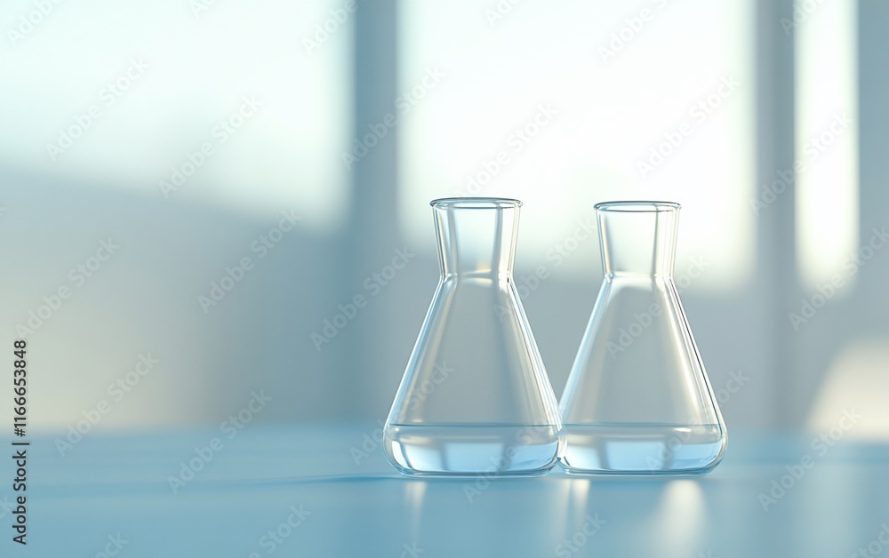 Aufkleber Two empty glass Erlenmeyer flasks on a lab table.