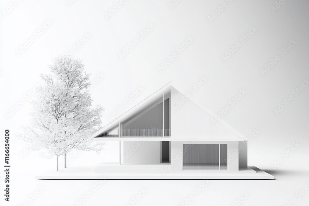 Aufkleber minimalist architectural model of a modern house with a tree.