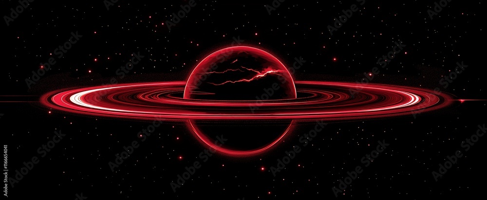 Poster red planet with rings in dark space.