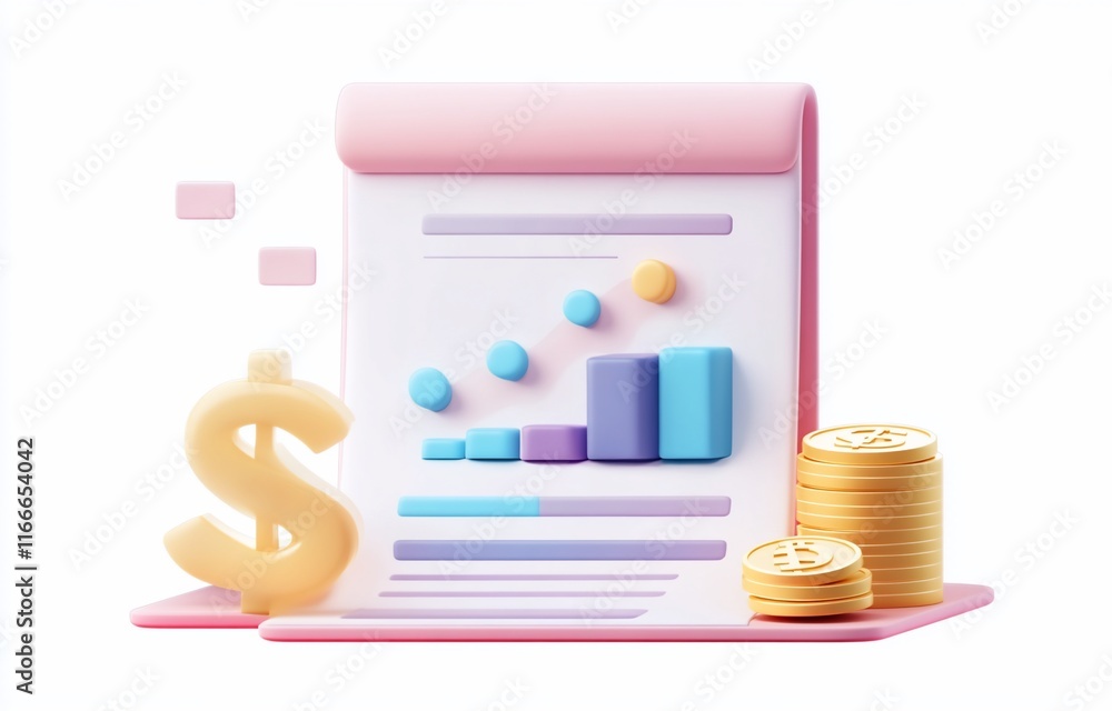 Poster 3d render of financial report showing upward trend with dollar sign and coins.