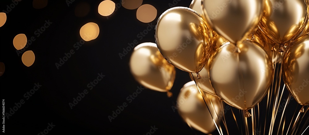 Poster golden heart-shaped balloons against a dark background with bokeh lights.