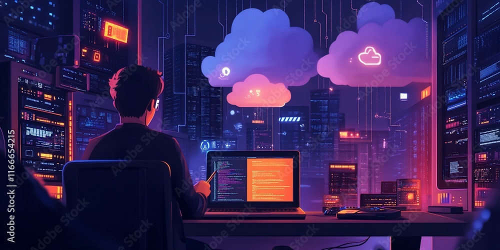 Aufkleber Programmer working late at night in a futuristic server room with cloud computing concept.