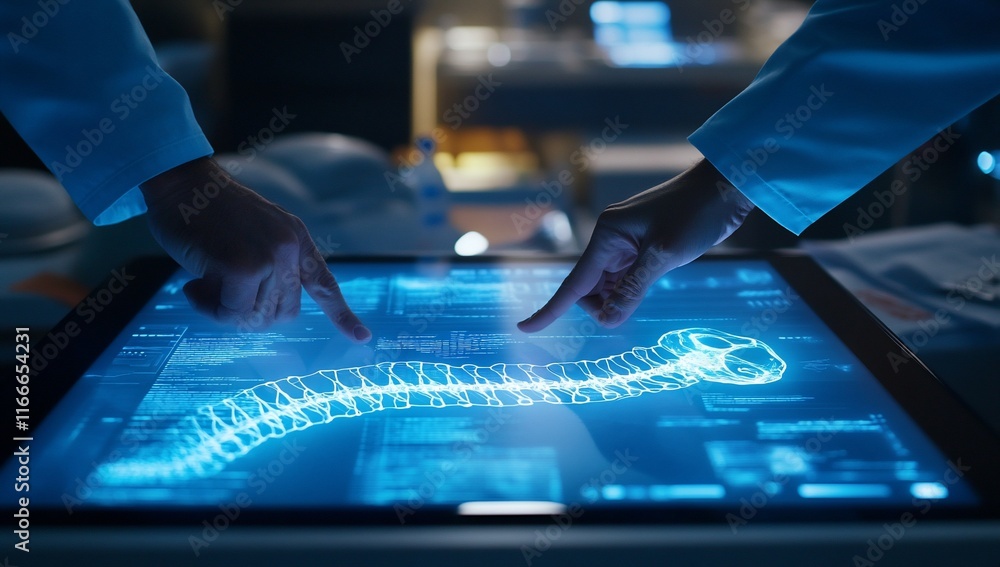 Aufkleber two doctors collaborate, using a digital touchscreen to examine a 3d spine model.