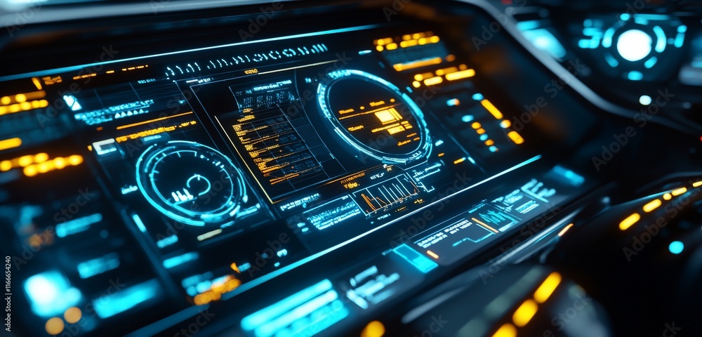 Fototapete Futuristic car dashboard with holographic display showing data and controls.