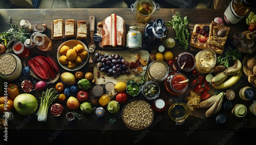 Poster overhead view of a rustic wooden table laden with a diverse array of fresh fruits, vegetables, grain