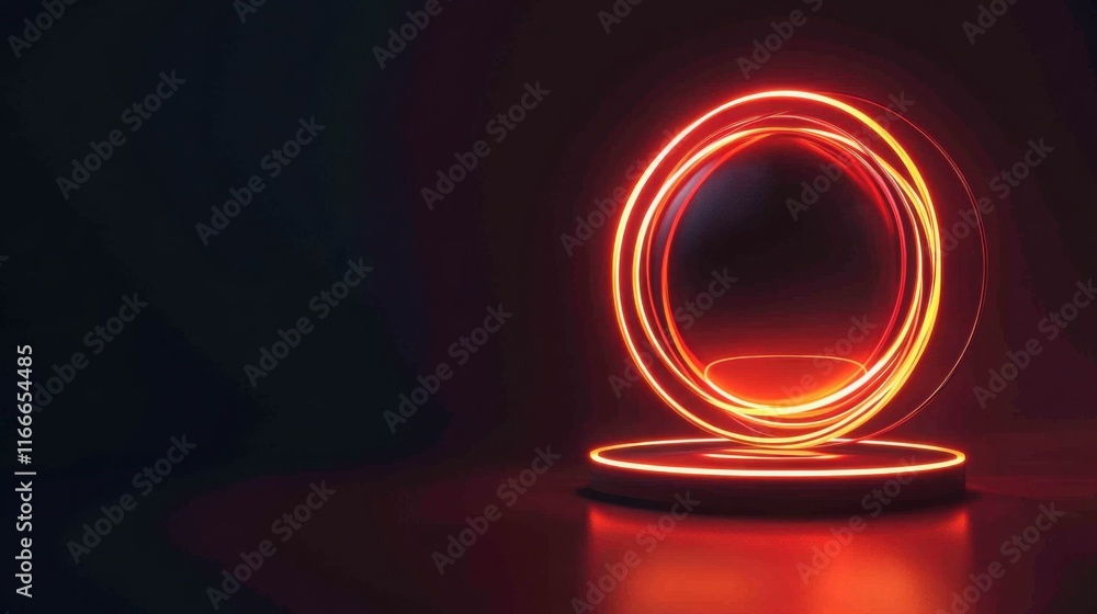 Sticker neon red and orange rings rotating around a central glowing sphere with a dark gradient backdrop.