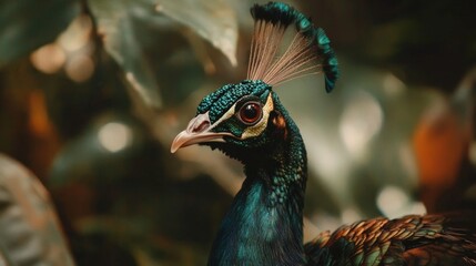Obraz premium Portrait of beautiful peacock with feathers out in the nature habitat