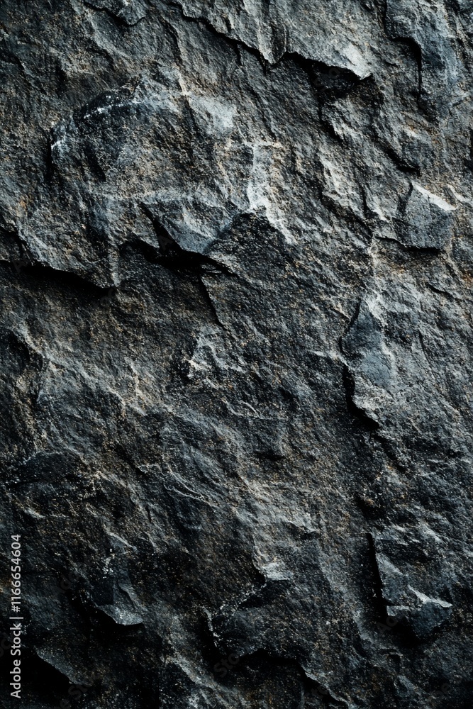 Poster dark gray rough stone texture, closeup view of a rock surface with cracks and crevices.