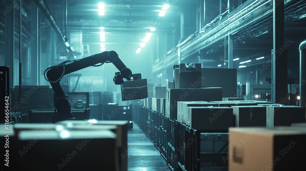 Poster advanced industrial robot arm loading boxes in modern distribution center