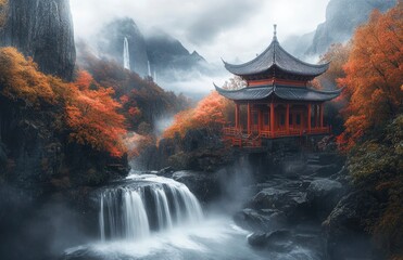 Obraz premium Long exposure photography of the fairy pools in Skye, Scottish Highlands, and Loch Lomond and the Trossachs National Park mountains with rocks and waterfalls in the background. In autumn with misty