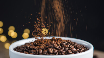 Coffee Beans and Ground Coffee in a White Bowl with Bokeh Background