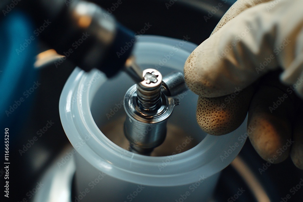 Aufkleber close-up of gloved hands carefully adjusting a small metal component inside a clear plastic containe