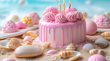 Pink birthday cake on beach sand with seashells and candles.