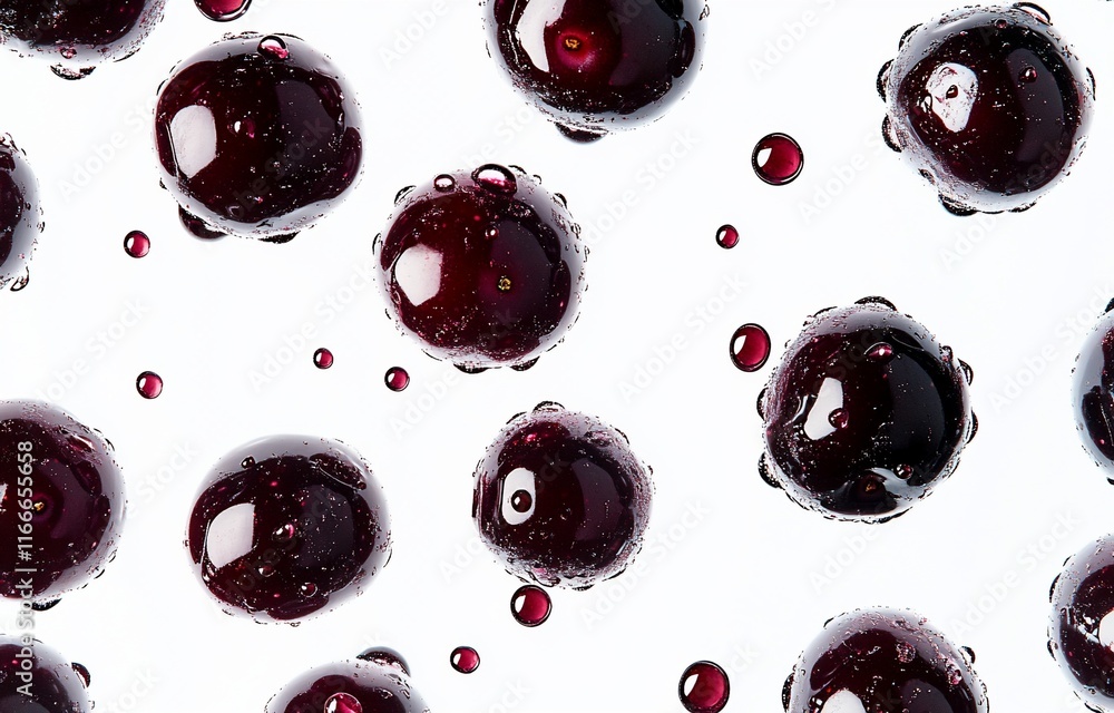 Poster close-up of dark berries floating in water with droplets.