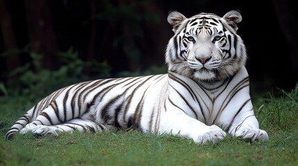 Obraz premium A majestic white tiger resting on green grass, showcasing its striking fur pattern.