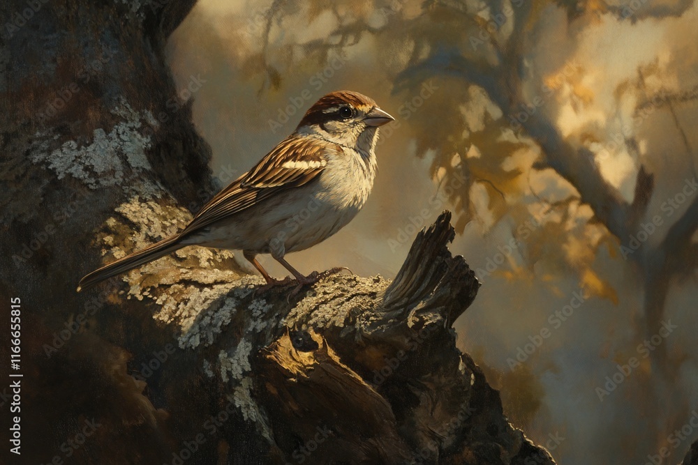 Poster a sparrow perched on a tree branch in a sunlit forest.