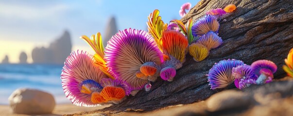 Vibrant, colorful coral-like formations on a beach with ocean backdrop.