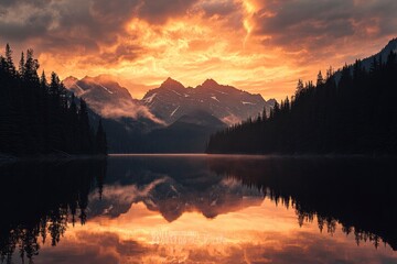 Moraine Lake, golden hour light reflecting on the water with dramatic mountain peaks in background, colorful sky and forest silhouette, serene natural beauty of Canada's rocky mountains at sunrise,