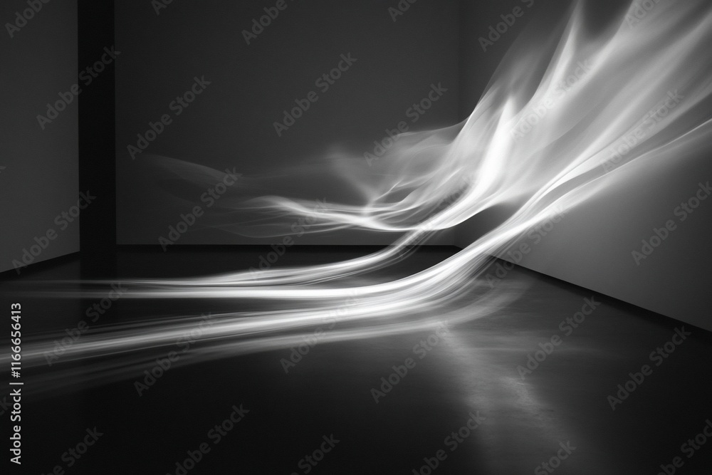 Poster abstract grayscale image of light streaks in a dark room, reflecting on a glossy floor.