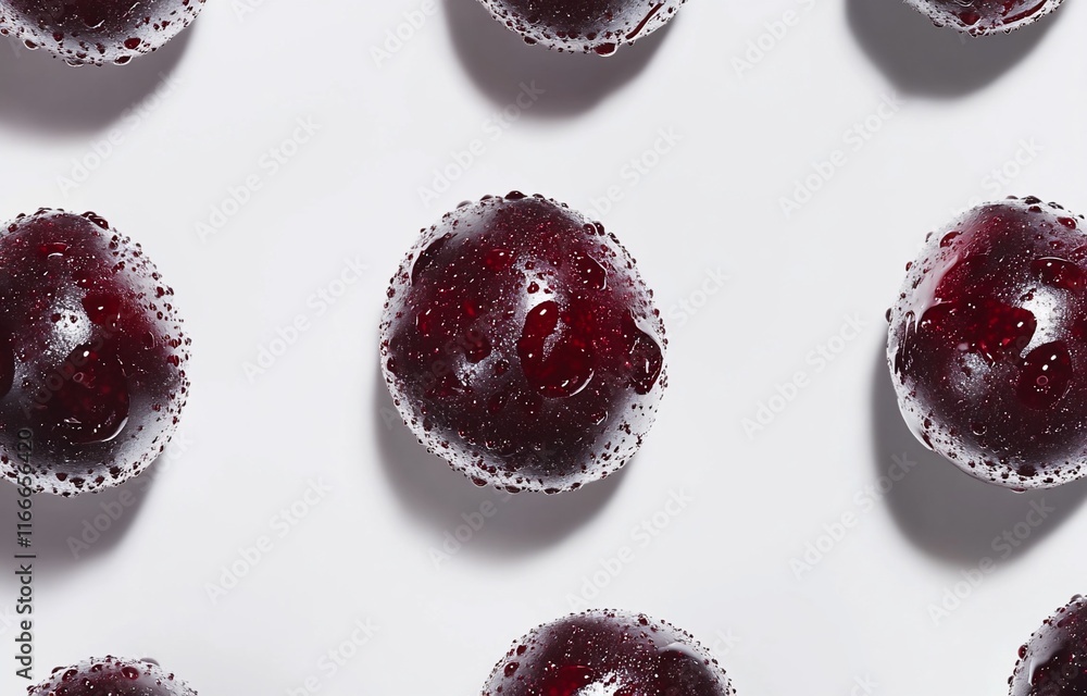 Poster close-up overhead shot of several dark red plums arranged in a repeating pattern on a white backgrou