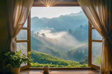 Open window overlooking a beautiful valley with morning mist and sun rays, a tea plantation in the...