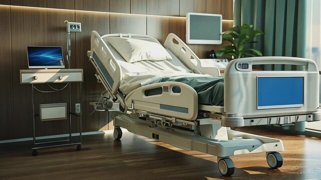 A pristine, adjustable hospital bed takes center stage in a bright, modern hospital room, complete with integrated technology and warm wood accents.