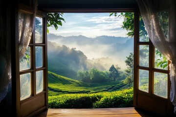 Open window overlooking a beautiful valley with morning mist and sun rays, a tea plantation in the...