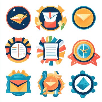 Gamification Colorful badges and icons representing communication and achievement concepts.