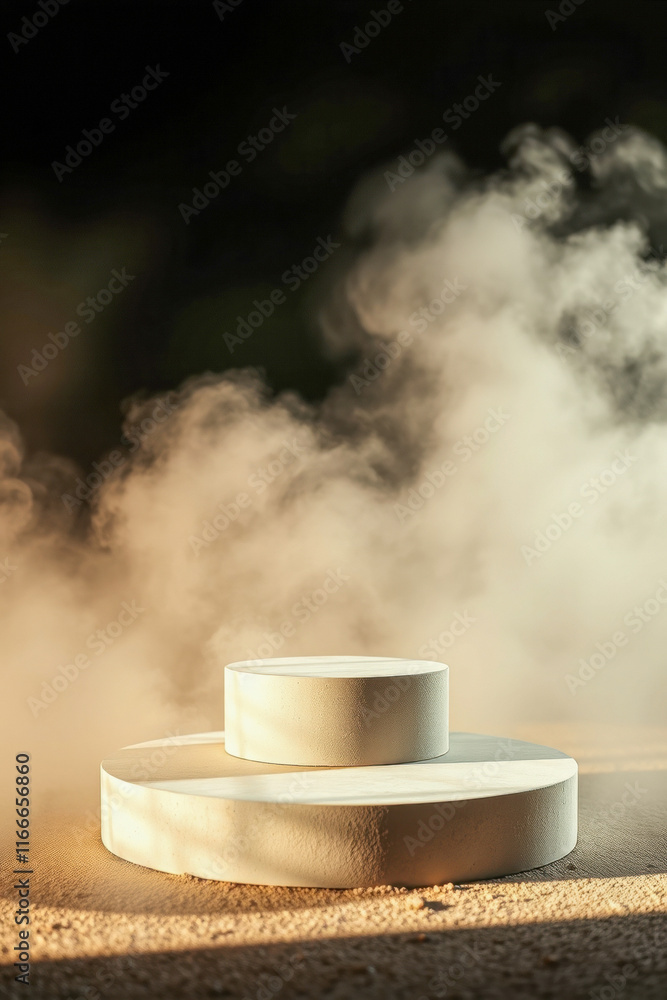 Poster two-tiered cylindrical display platforms hazy setting
