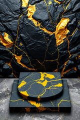 two-tiered gray gold marble platform