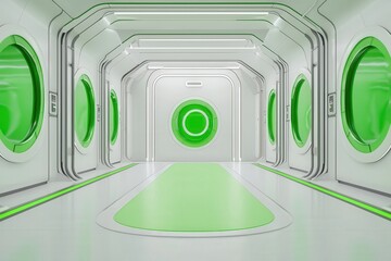 Gamification Futuristic interior with green accents and circular windows in a sleek, white environment.
