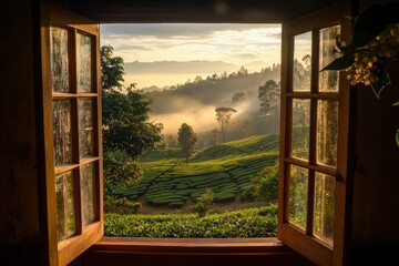 Open window overlooking a beautiful valley with morning mist and sun rays, a tea plantation in the background. 