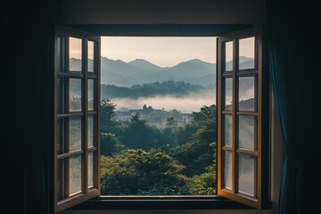 Open window with a view of a natural landscape and mountains, with sunlight streaming in during the morning. The scene has a misty, wide-angle, top-down perspective, as if viewed from inside a house. 