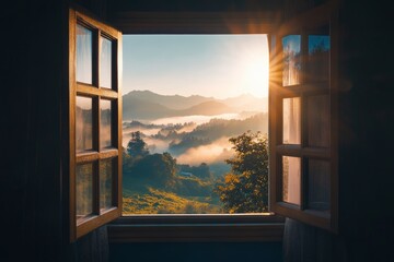 Open window with a view of a natural landscape and mountains, with sunlight streaming in during the...