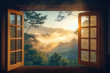 Open window with a view of a natural landscape and mountains, with sunlight streaming in during the morning. The scene has a misty, wide-angle, top-down perspective, as if viewed from inside a house. 
