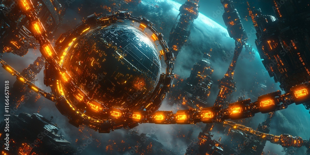 Aufkleber Futuristic space station orbiting a planet, glowing orange energy chains connecting structures.