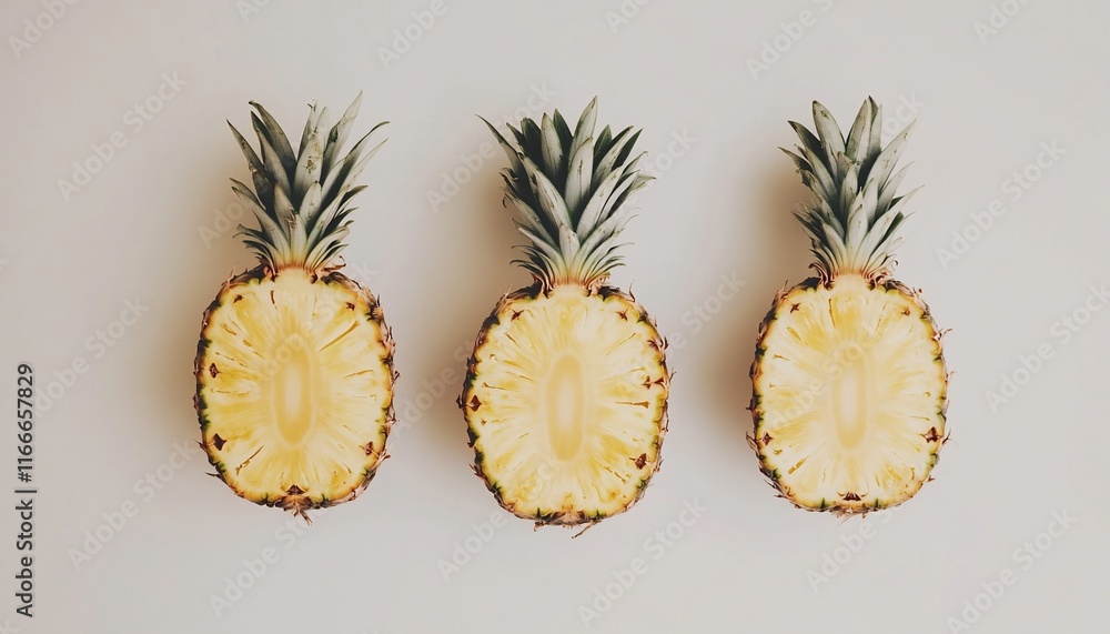 Poster three halved pineapples arranged in a row on a white background.