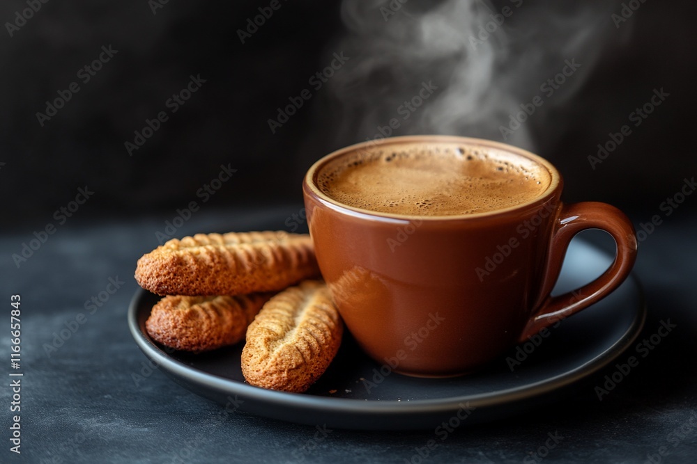 Poster steaming espresso in brown cup with three cookies on dark saucer.