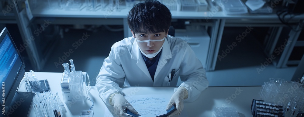 Aufkleber a scientist in a lab coat examines documents at his lab desk.