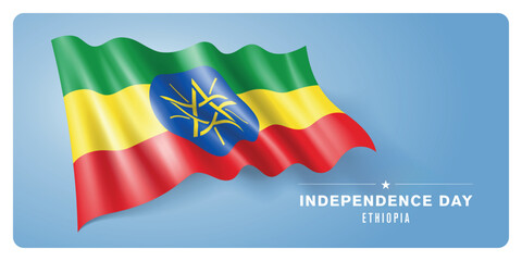 Ethiopia independence day vector banner, greeting card. Ethiopian wavy flag in patriotic holiday horizontal design with realistic flag