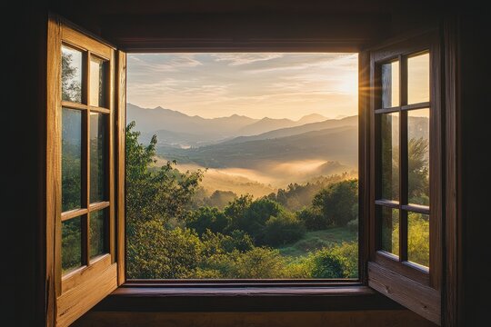 Fototapeta Open window with a view of a natural landscape and mountains, with sunlight streaming in during the morning. The scene has a misty, wide-angle, top-down perspective, as if viewed from inside a house. 