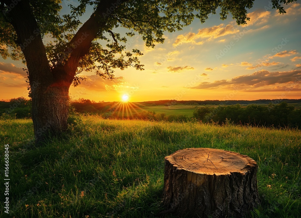 Poster sunset over a grassy field with a tree and tree stump.