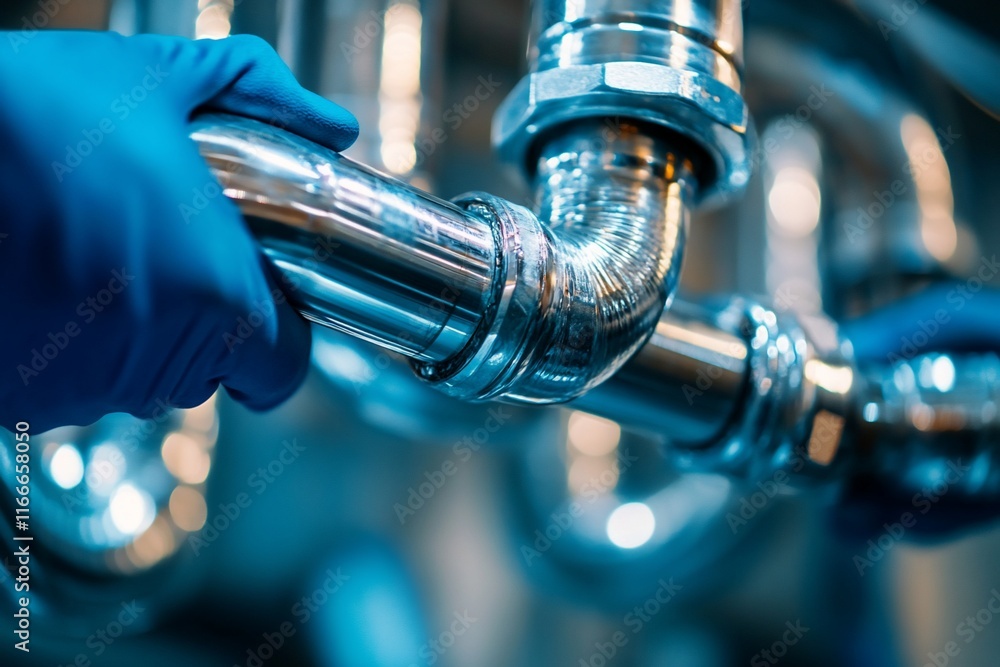 Poster close-up of gloved hands installing a metal pipe fitting.