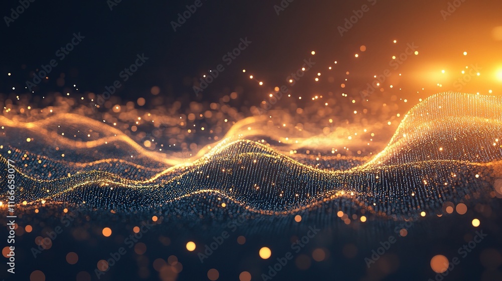 Poster abstract glowing lines and elements moving across a dark background