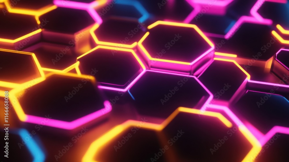 Canvas Prints neon yellow and pink hexagons interlocked in a 3d pattern, glowing against a dark background.