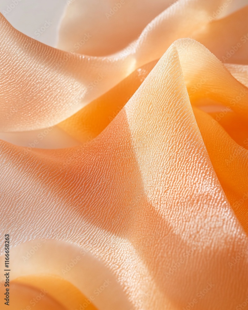 Aufkleber close-up of peach-colored fabric with soft, flowing folds and subtle texture, illuminated by soft li